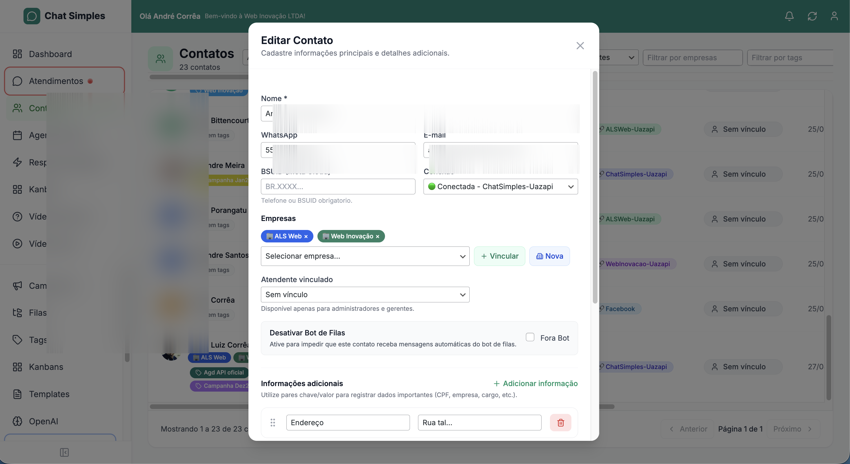 Cadastro de contato do Chat Simples — modal com nome, WhatsApp, BSUID Meta Cloud, conexão, empresas vinculadas, atendente e informações adicionais