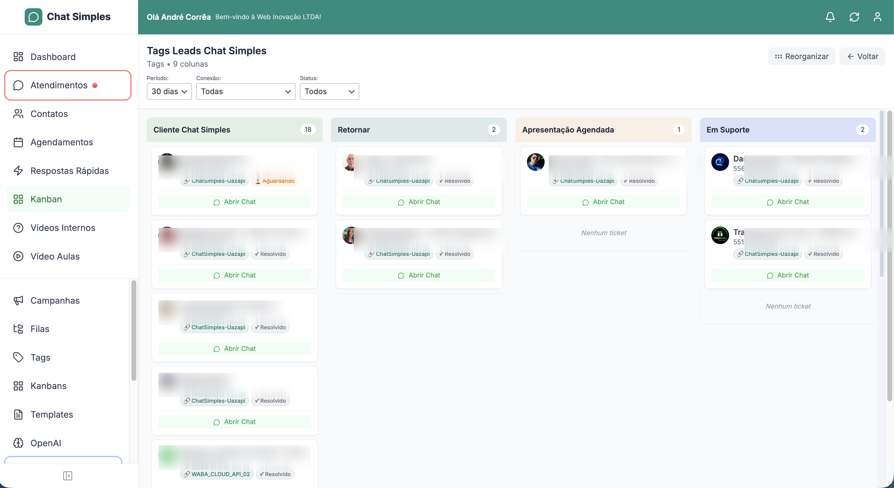 Kanban do Chat Simples — quadro Tags Leads com colunas Cliente, Retornar, Apresentação Agendada, Em Suporte