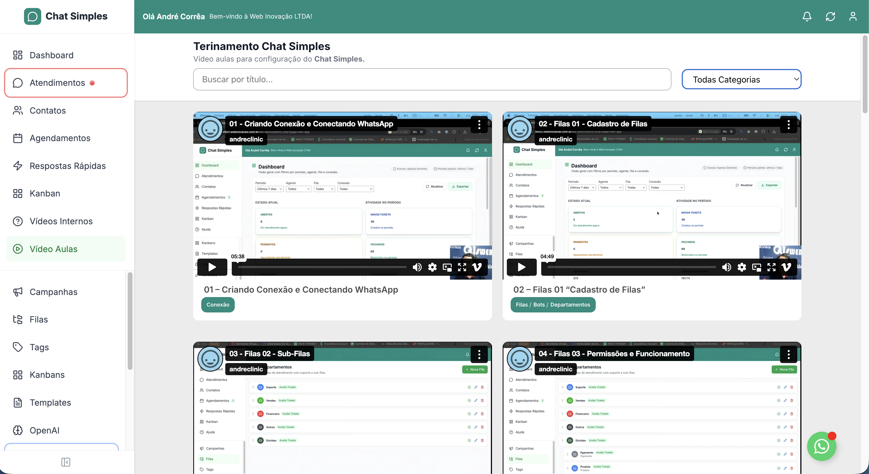 Central de videoaulas integrada do Chat Simples — biblioteca de treinamentos por categoria com thumbnails e busca