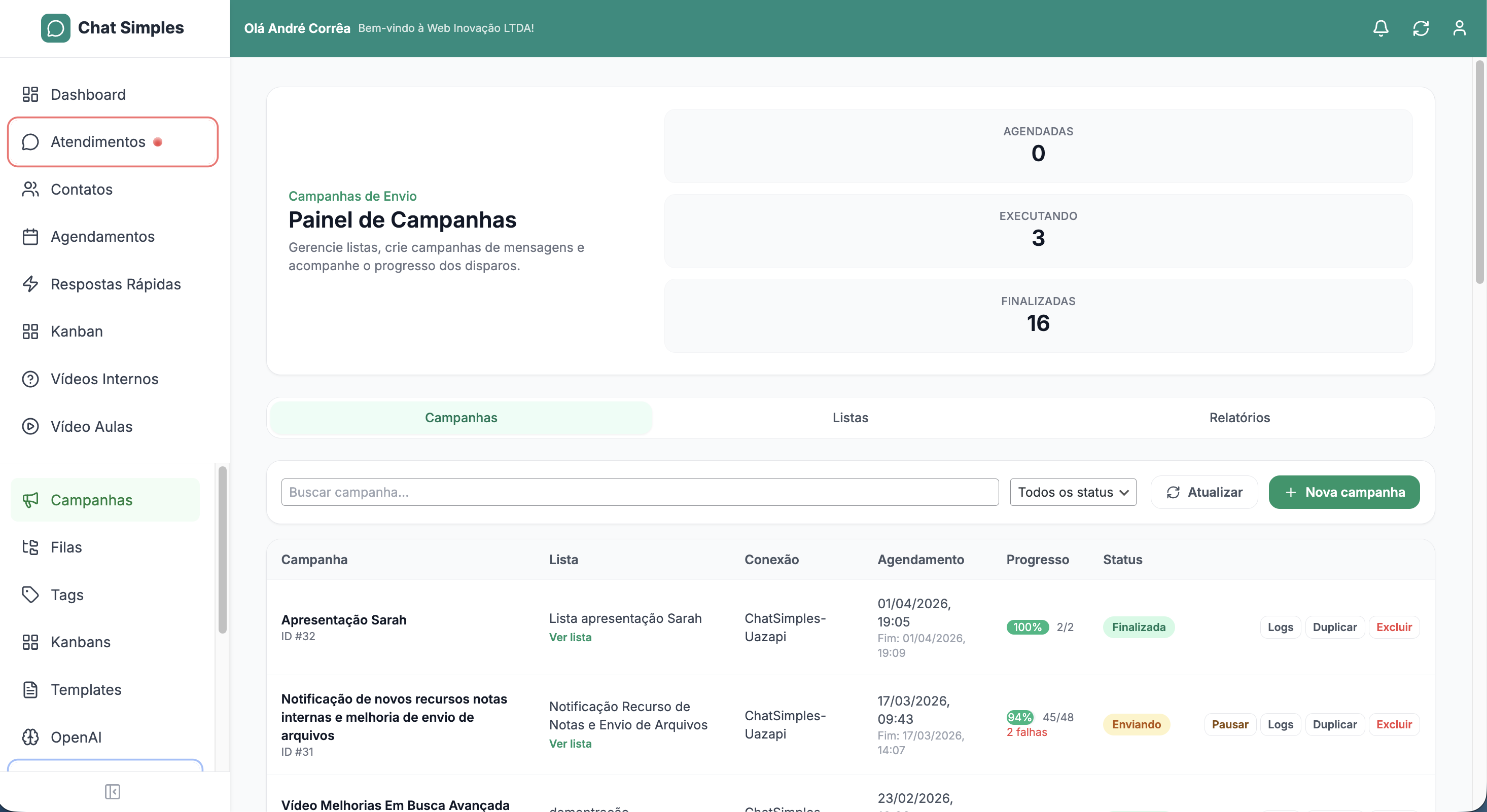 Painel de Campanhas do Chat Simples com contadores Agendadas/Executando/Finalizadas e lista com progresso e status