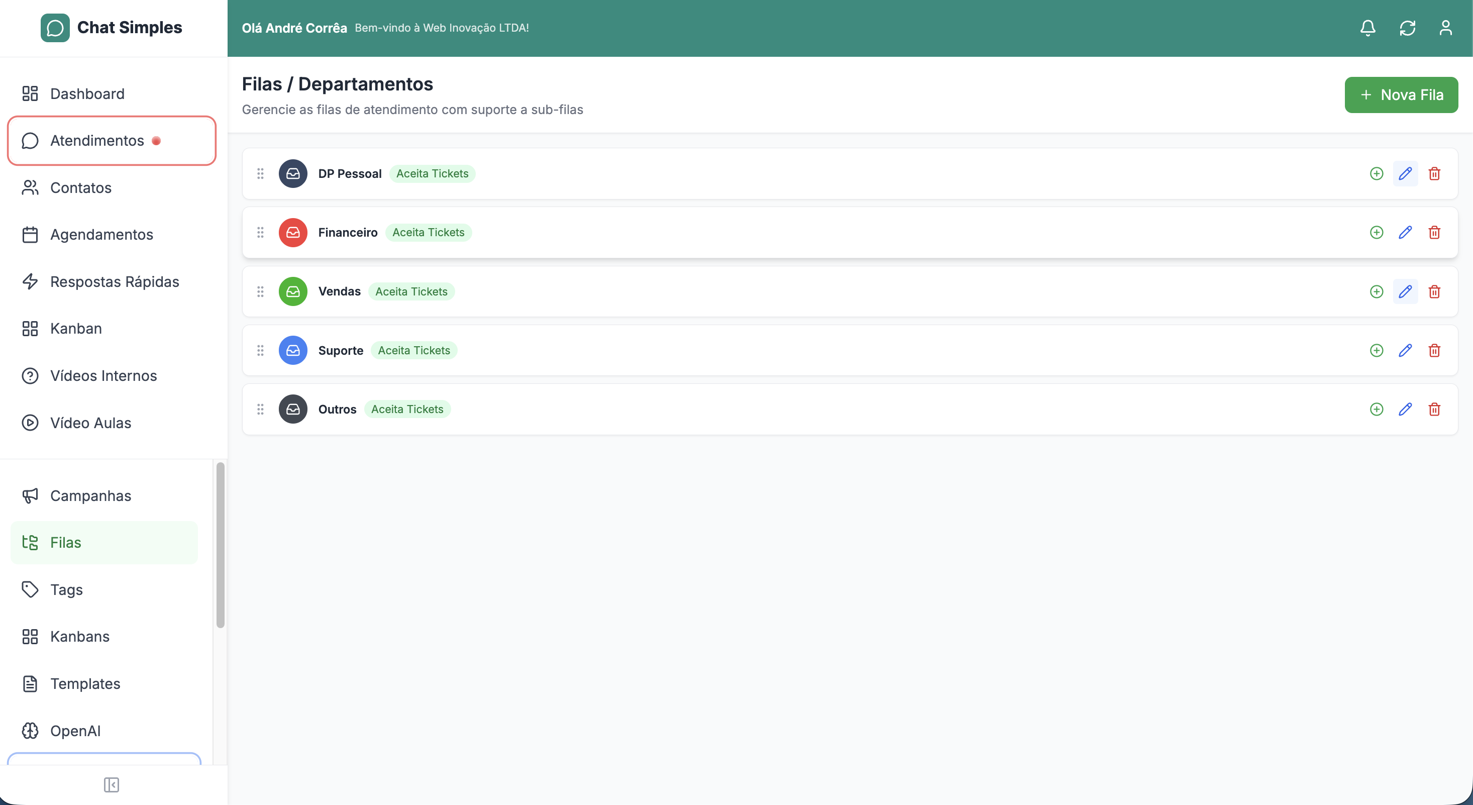 Filas e Departamentos do Chat Simples — DP Pessoal, Financeiro, Vendas, Suporte, Outros, cada uma com badge Aceita Tickets