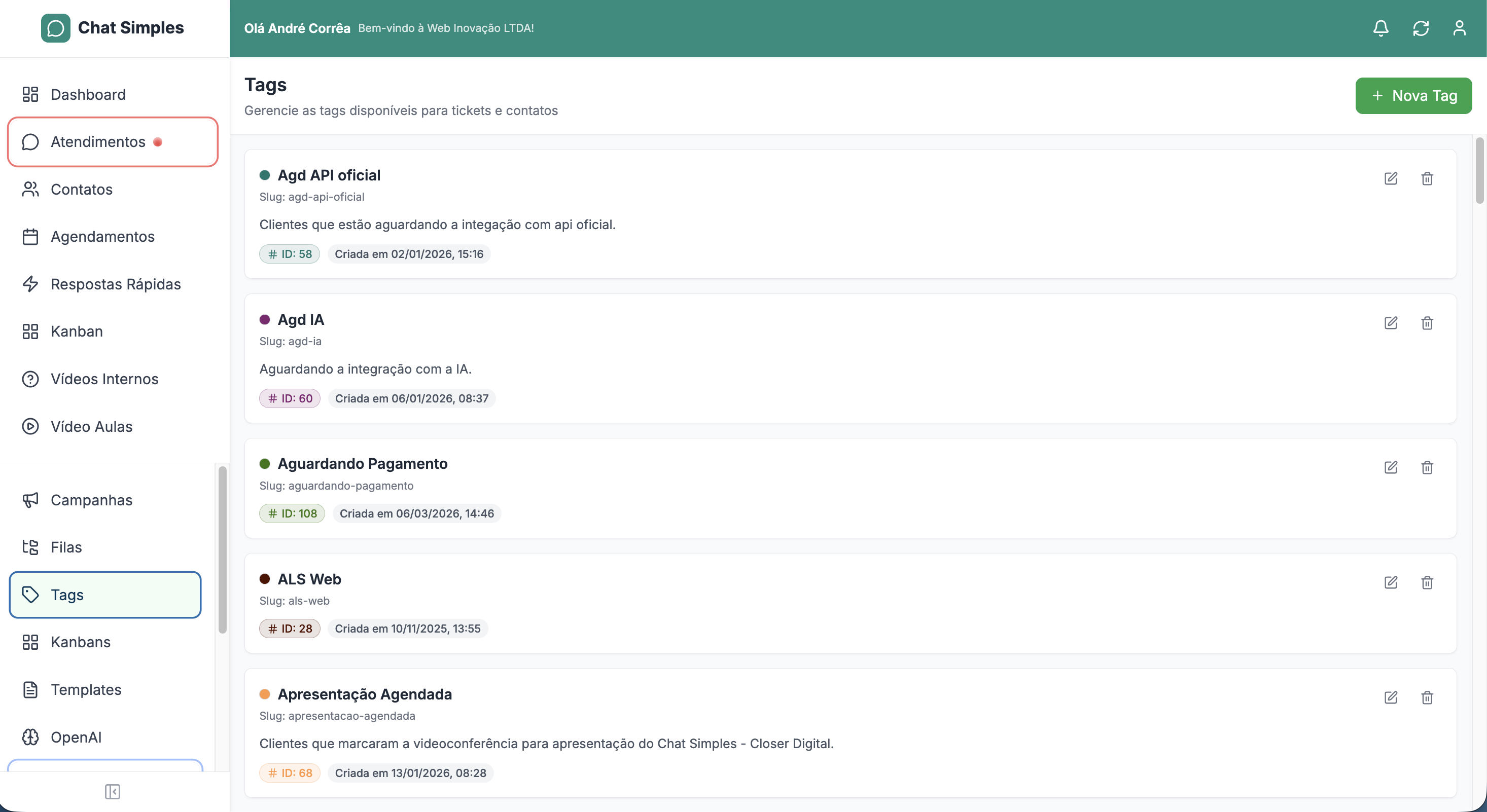 Tags do Chat Simples — etiquetas coloridas com slug, ID, descrição e data de criação (Agd API oficial, Agd IA, Aguardando Pagamento, ALS Web)