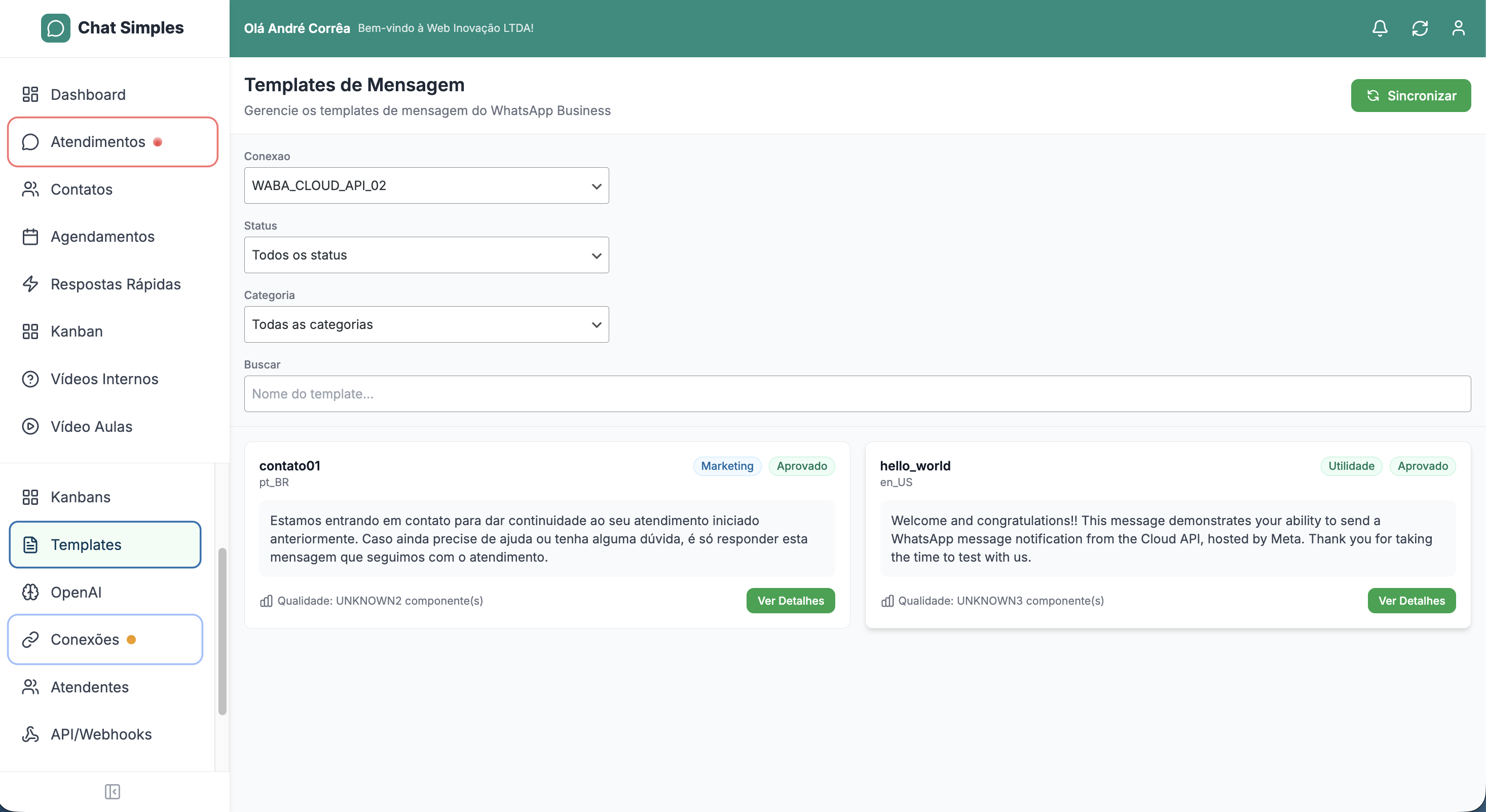 Templates de Mensagem WhatsApp Business no Chat Simples — templates aprovados pela Meta com filtros por status e categoria