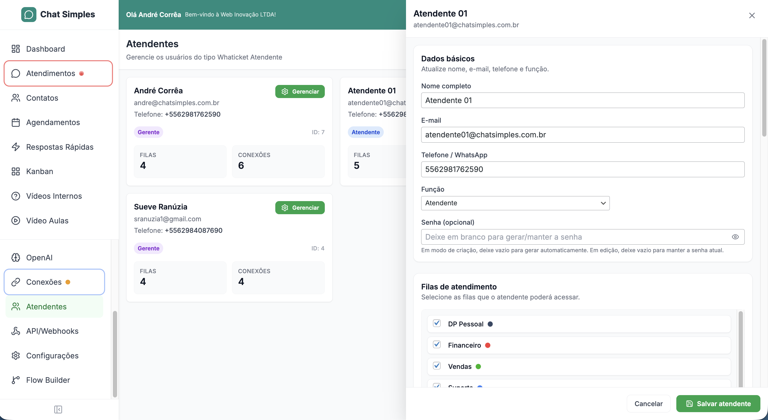 Gerenciamento de Atendentes do Chat Simples — cards de atendentes e modal de edição com função, e-mail, telefone e filas atribuídas