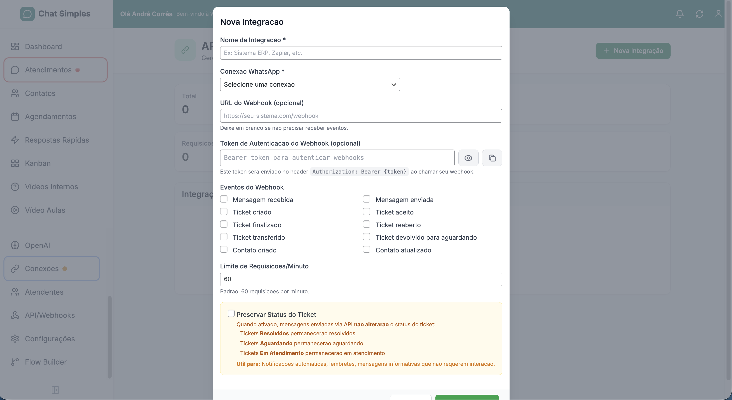 API aberta e Webhooks do Chat Simples — modal Nova Integração com URL de webhook, token Bearer, eventos disponíveis e limite de requisições