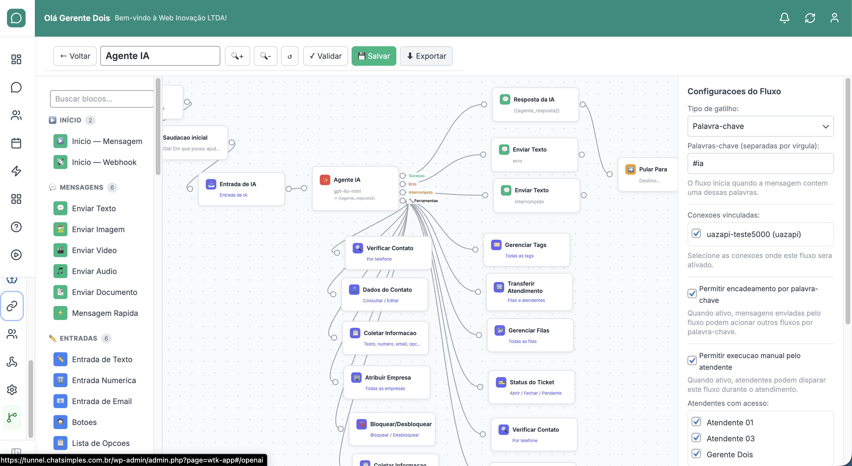 Flow Builder do Chat Simples — canvas visual com nodes conectados (Saudação, Entrada de IA, Agente IA, ramificações) e sidebar de blocos por categoria