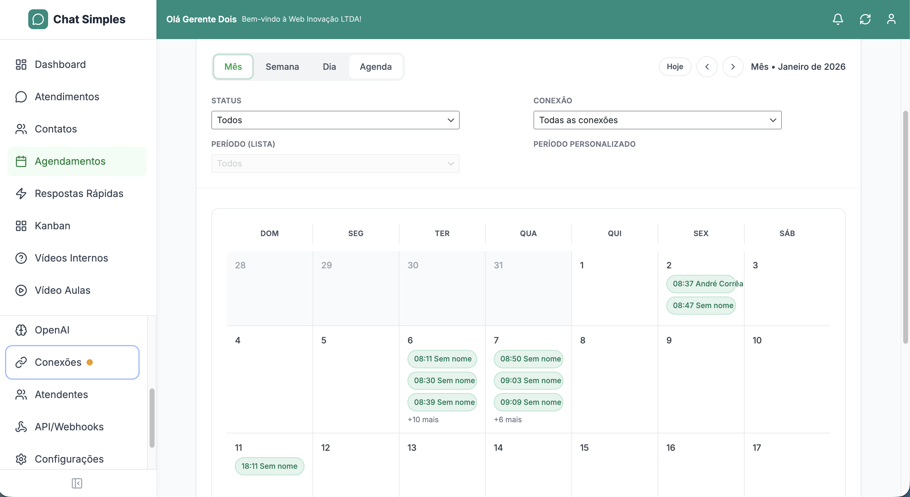 Tela de agendamentos do Chat Simples em formato calendário mensal com mensagens programadas em horários específicos